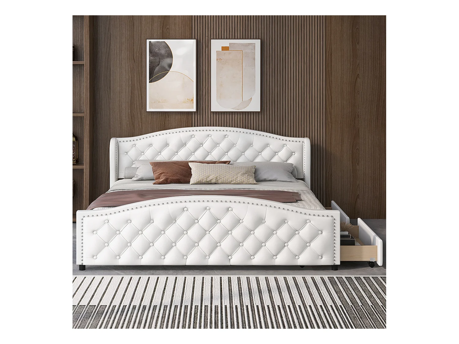 Lit adulte 160x200 cm - Lit double avec 2 tiroirs de rangement - sommier à lattes en bois - PU blanc