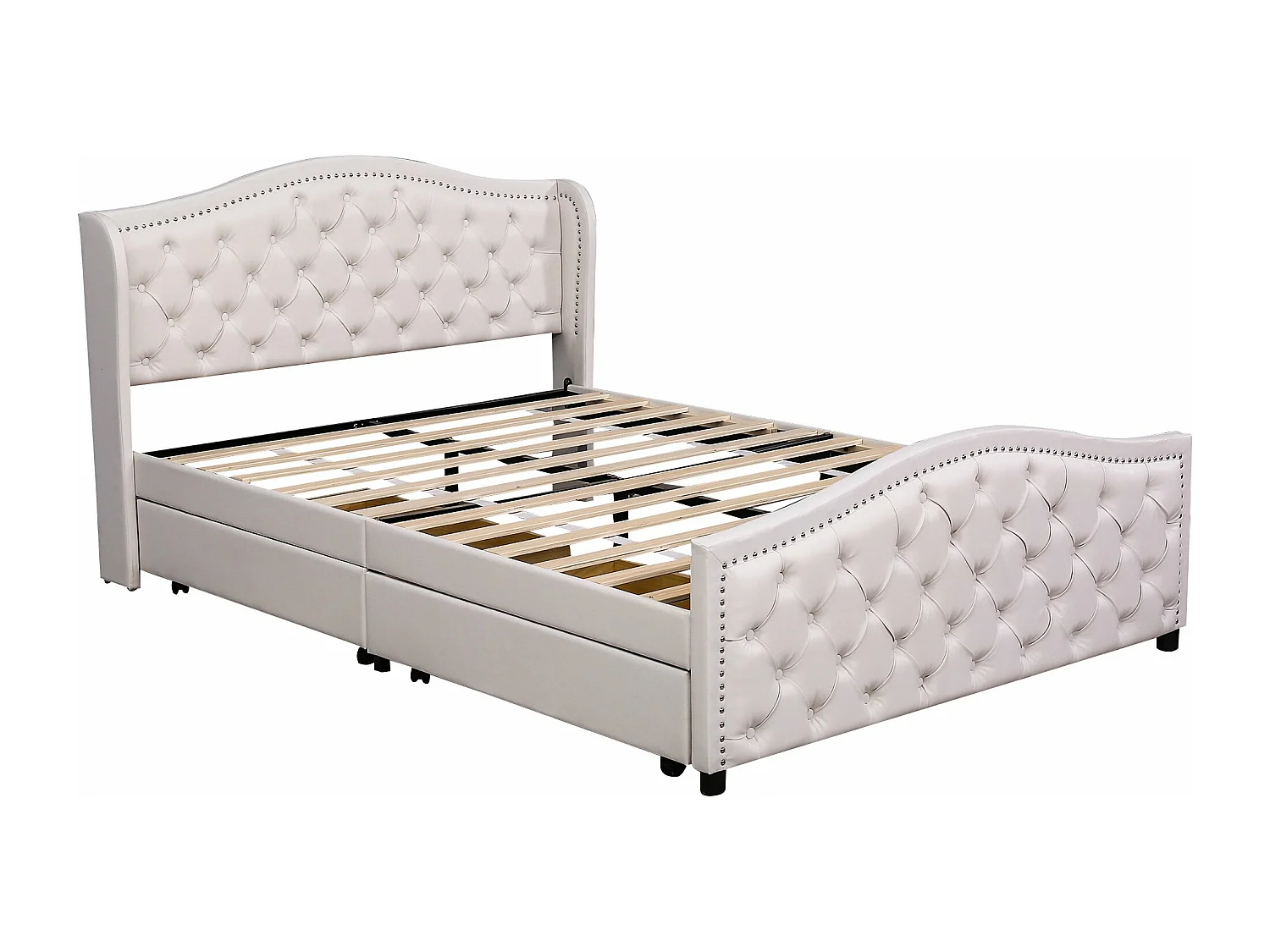 Lit adulte 160x200 cm - Lit double avec 2 tiroirs de rangement - sommier à lattes en bois - PU blanc