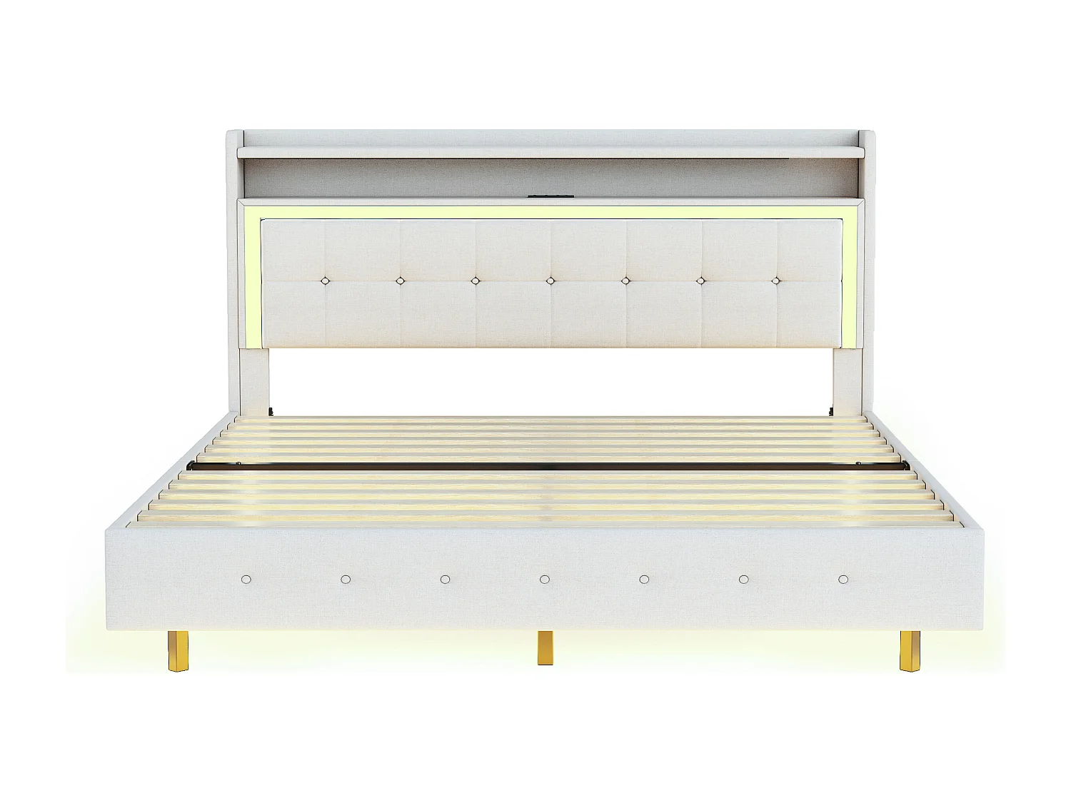 Lit double 140x200 cm - Lit adulte avec port USB et éclairage LED - lin beige