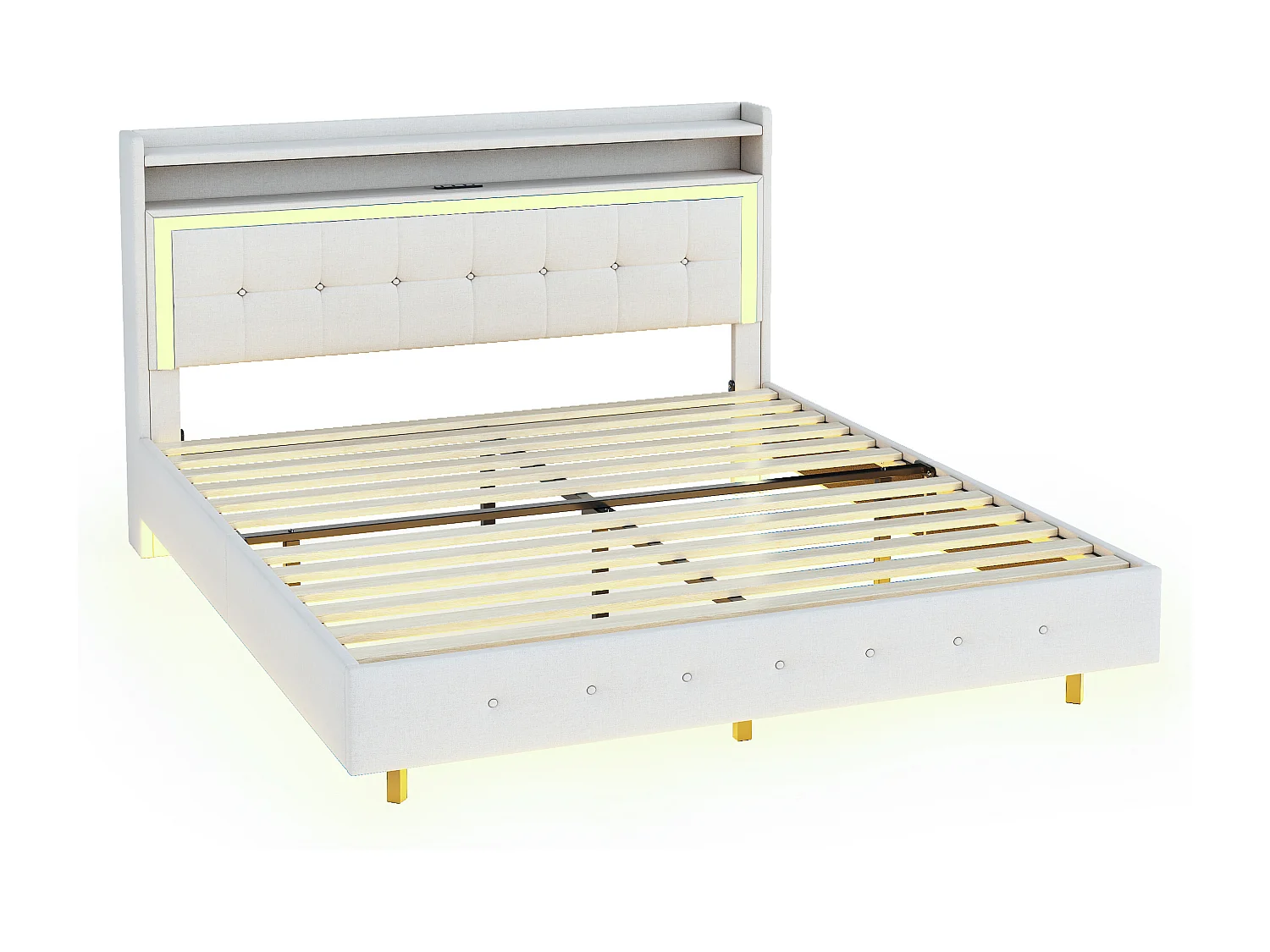 Lit double 140x200 cm - Lit adulte avec port USB et éclairage LED - lin beige