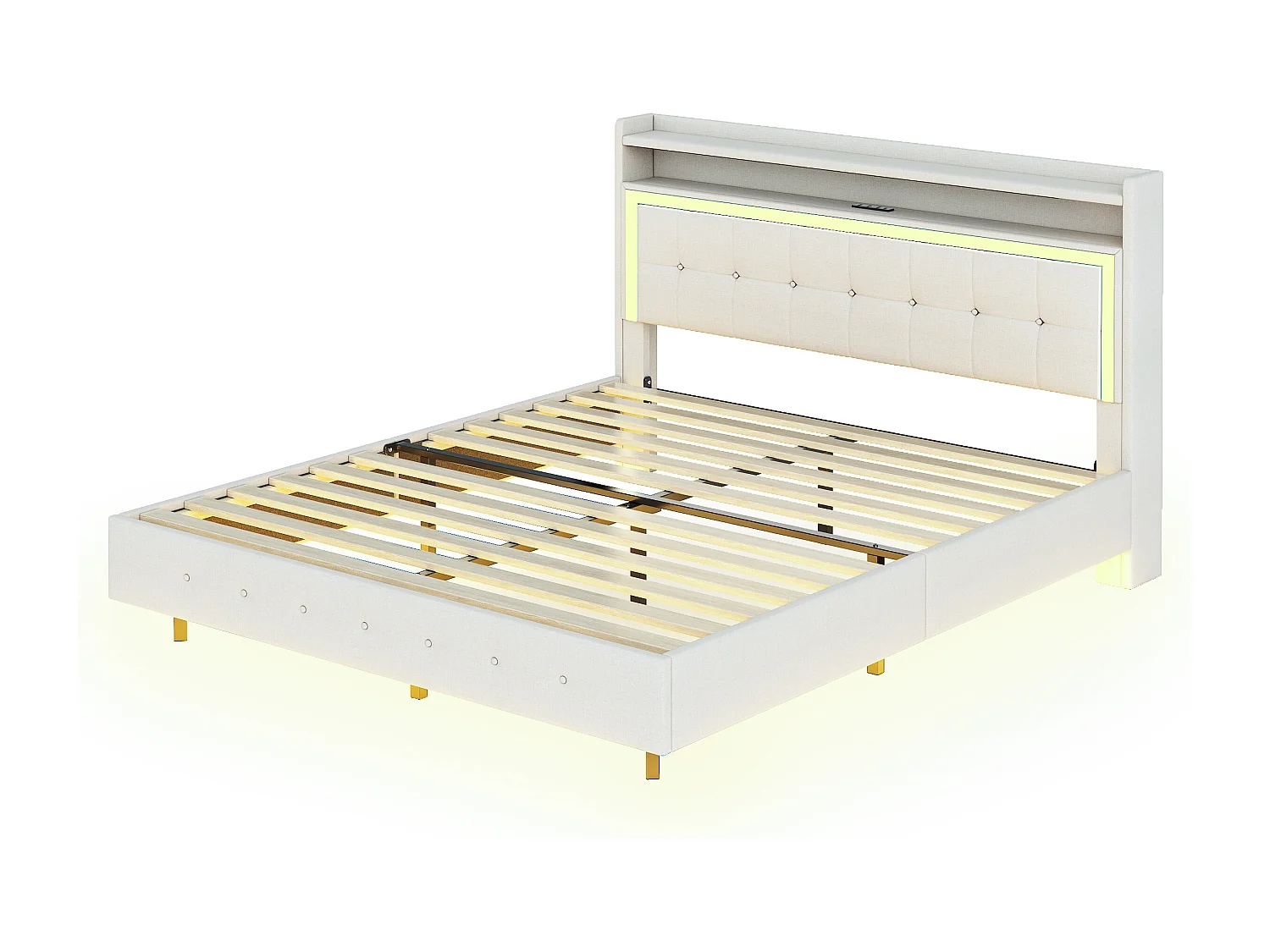 Lit double 140x200 cm - Lit adulte avec port USB et éclairage LED - lin beige