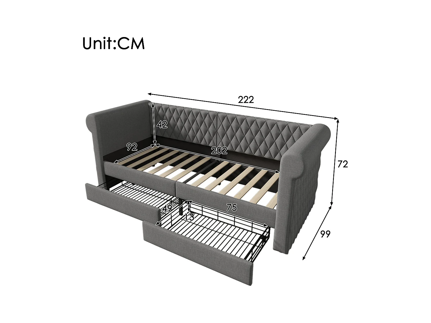 Lit ado 90x200 cm - Lit enfant avec 2 tiroirs de rangement - structure à lattes de bois - lin gris