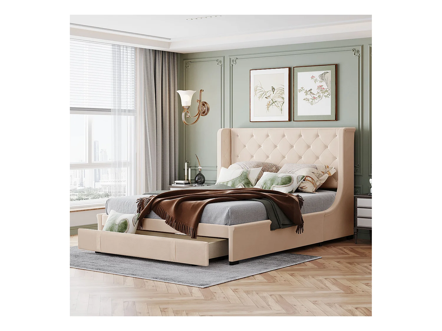 Lit rembourré 140 x 200 cm beige en lin, Lit adulte adulte avec avec tiroirs de rangement, sans matelas