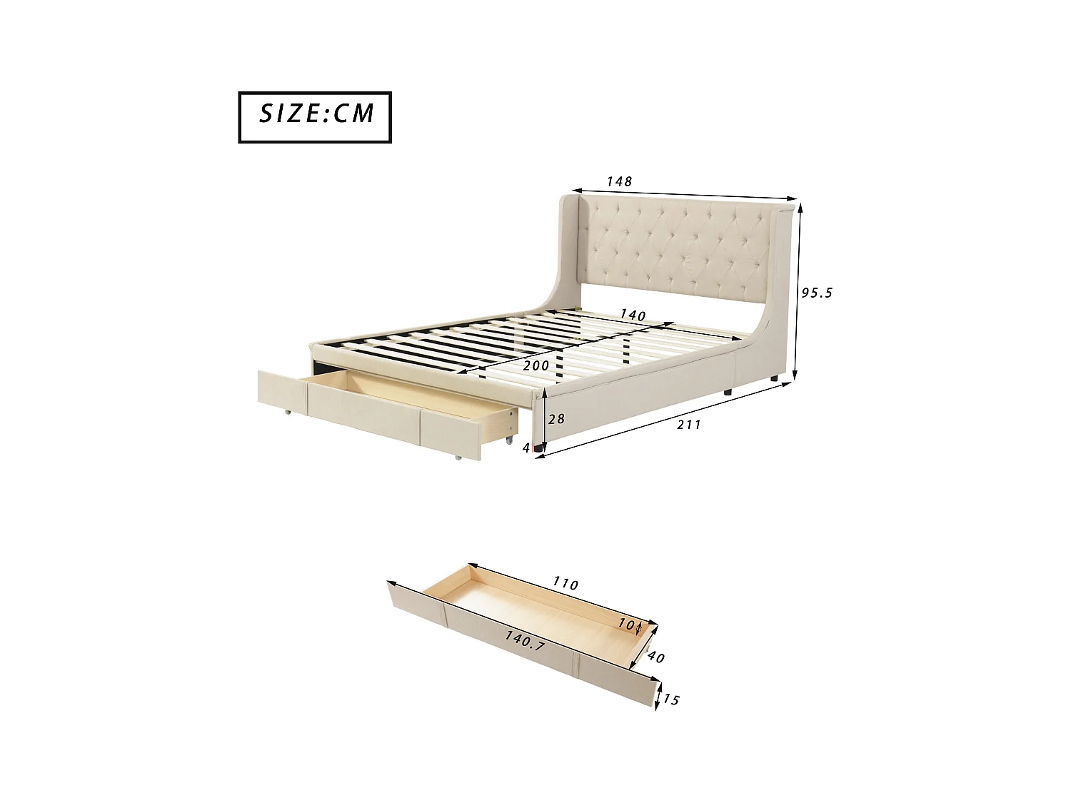 Lit rembourré 140 x 200 cm beige en lin, Lit adulte adulte avec avec tiroirs de rangement, sans matelas