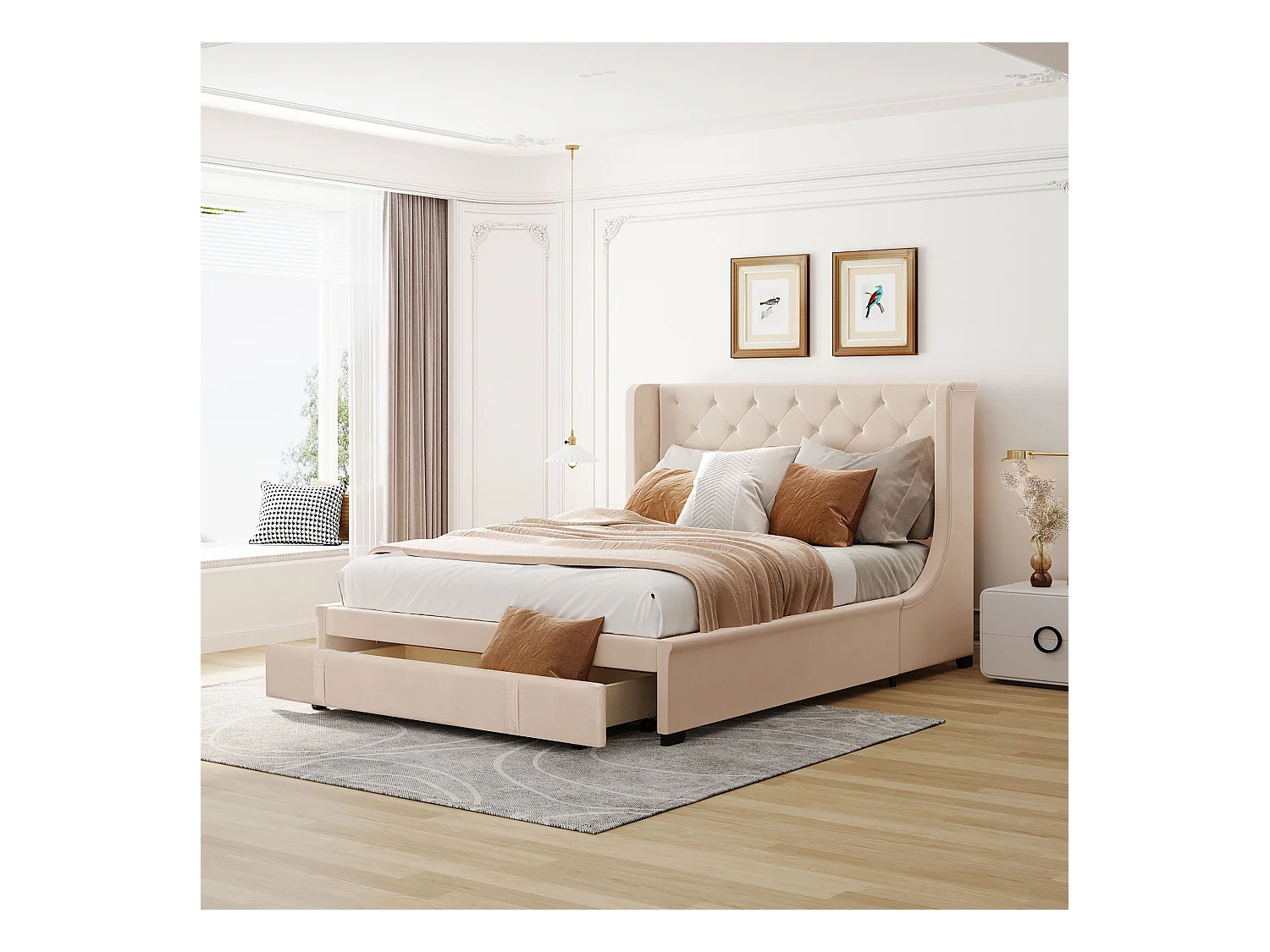 Lit rembourré 140 x 200 cm beige en lin, Lit adulte adulte avec avec tiroirs de rangement, sans matelas