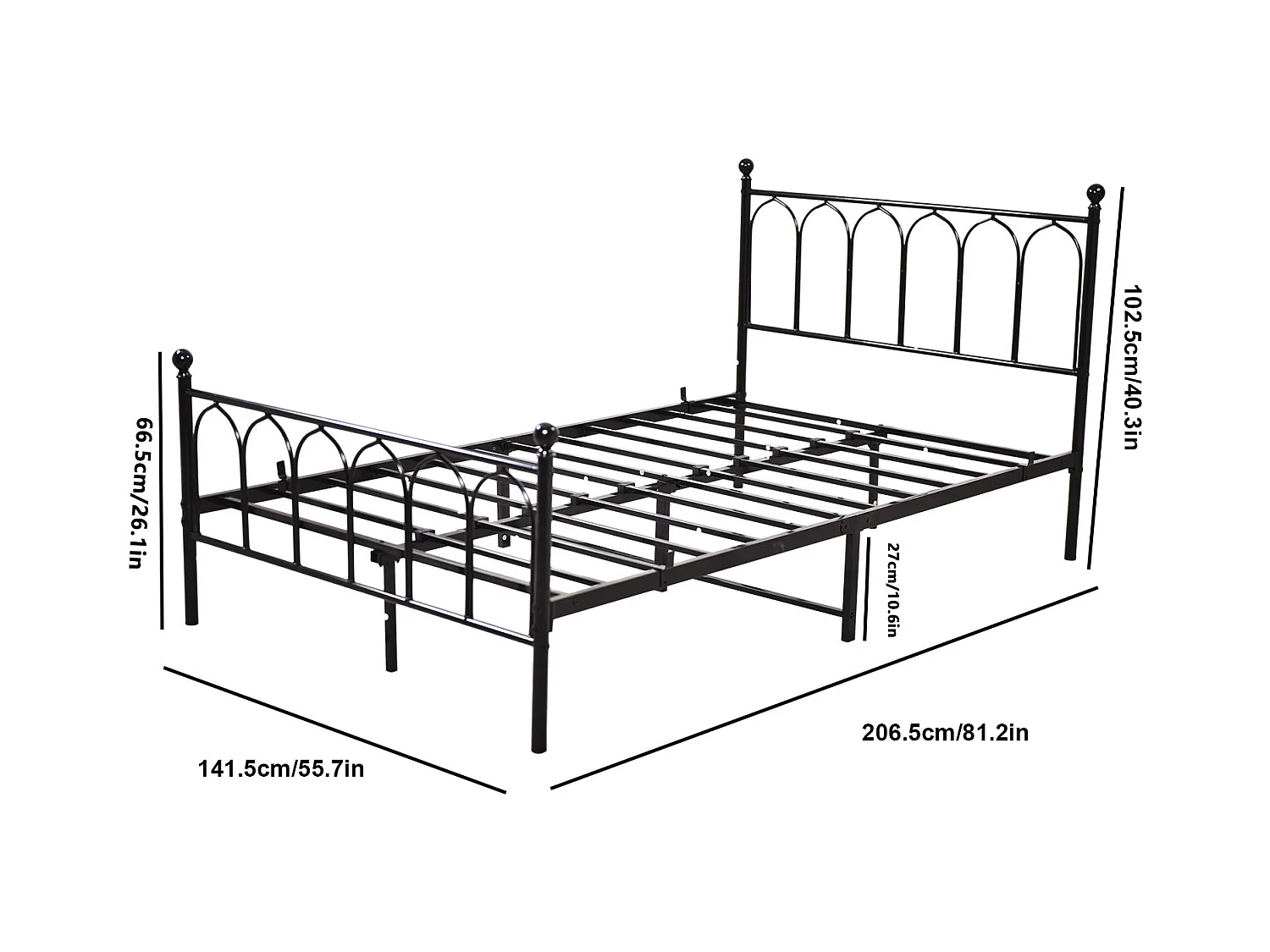 Lit enfant double 140x200cm, lit en métal noir, sans matelas