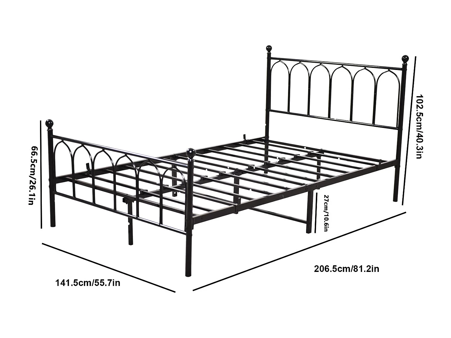Lit enfant double 140x200cm, lit en métal noir, sans matelas
