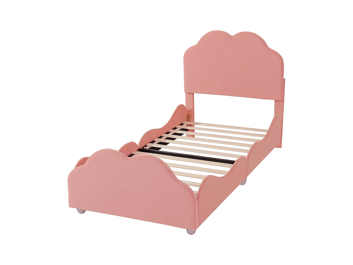 Lit enfant simple 90 X 200 cm rose en velours, avec tête de lit en forme de nuage, sans matelas