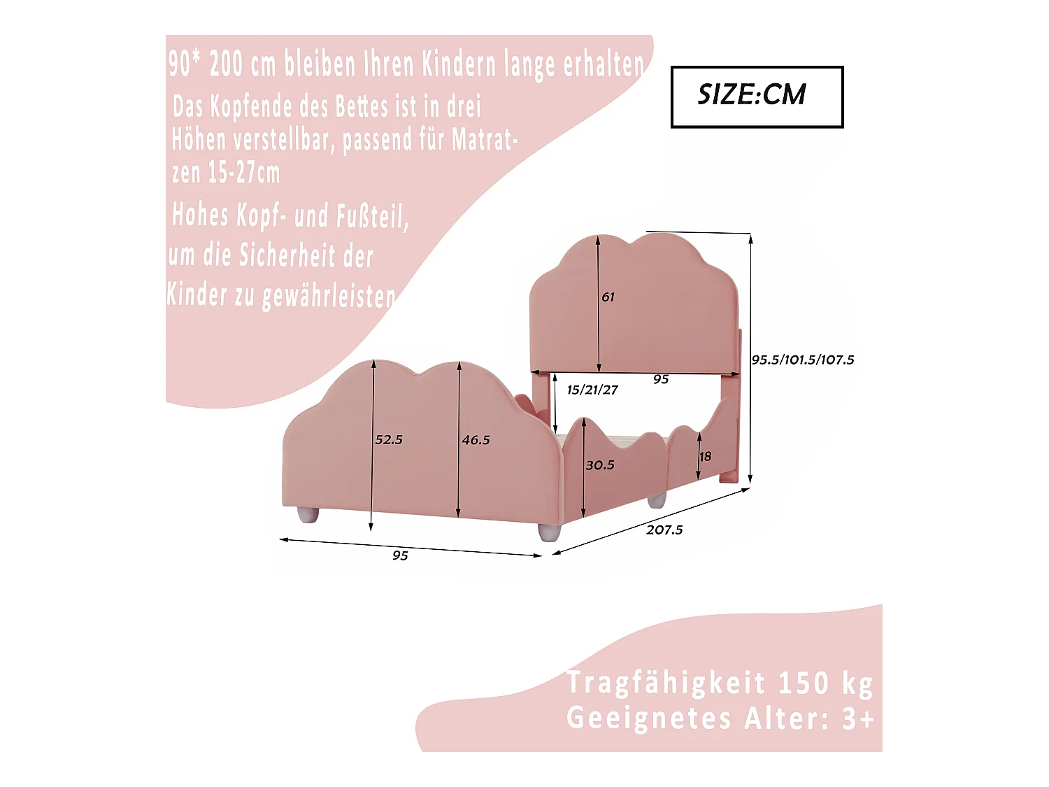 Lit enfant simple 90 X 200 cm rose en velours, avec tête de lit en forme de nuage, sans matelas