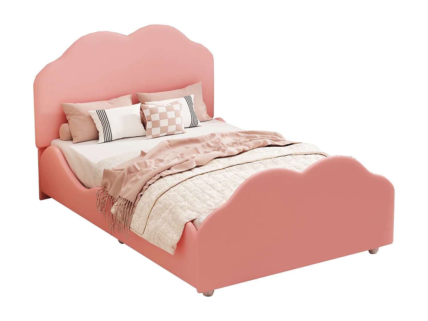 Lit enfant simple 90 X 200 cm rose en velours, avec tête de lit en forme de nuage, sans matelas