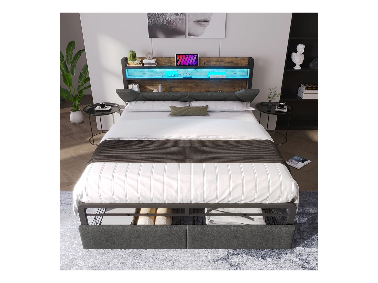 Lit double 160x200 cm - Lit adulte avec LED et recharge USB - Tiroirs de rangement - lin gris