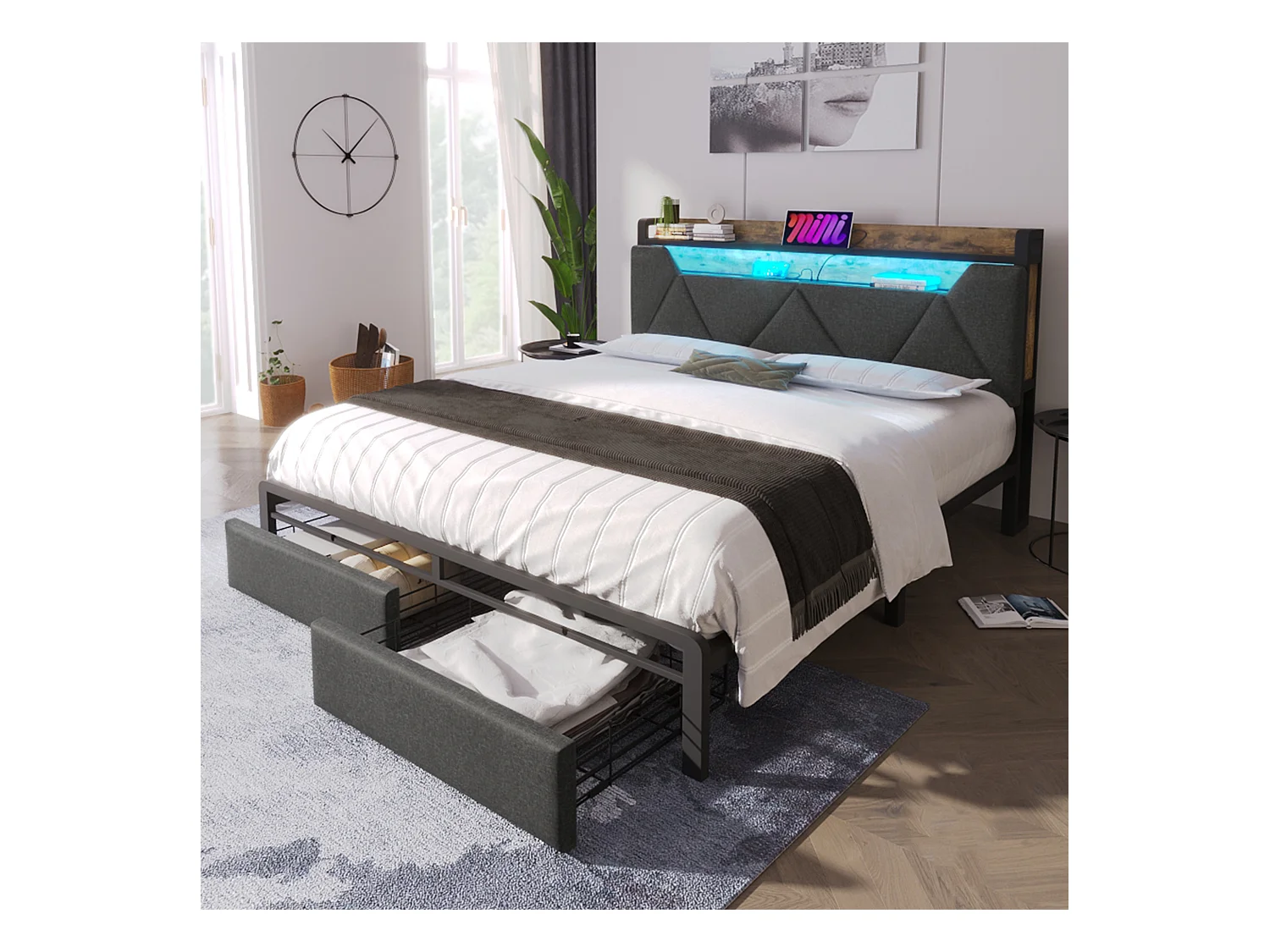 Lit double 160x200 cm - Lit adulte avec LED et recharge USB - Tiroirs de rangement - lin gris