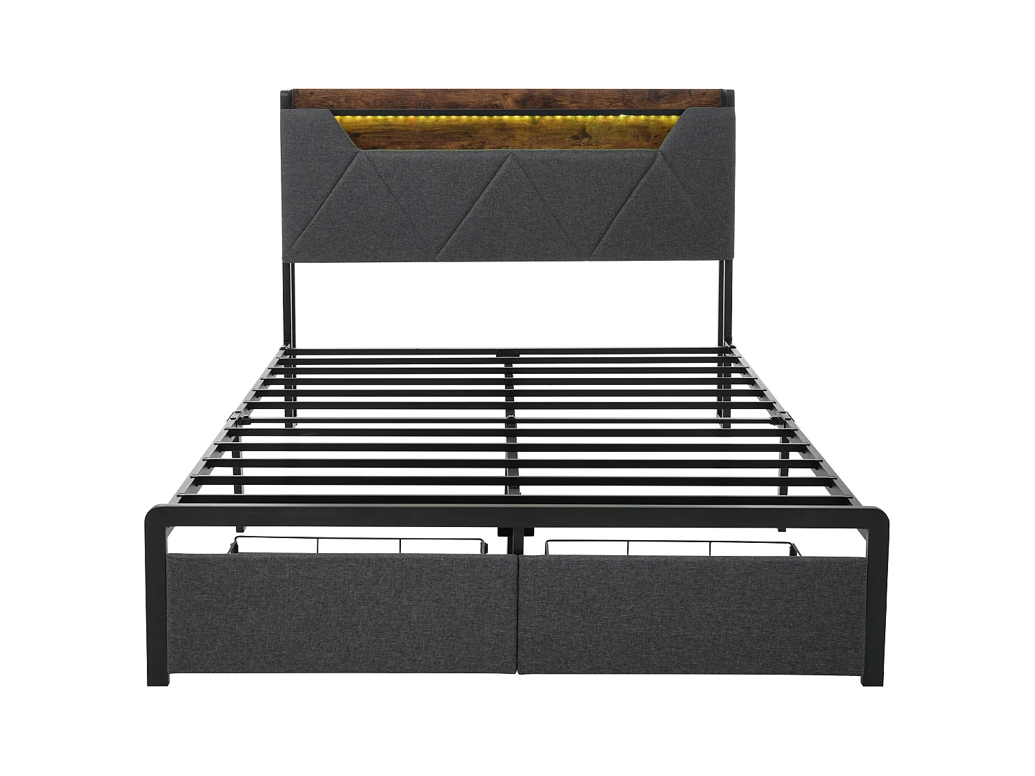 Lit double 160x200 cm - Lit adulte avec LED et recharge USB - Tiroirs de rangement - lin gris