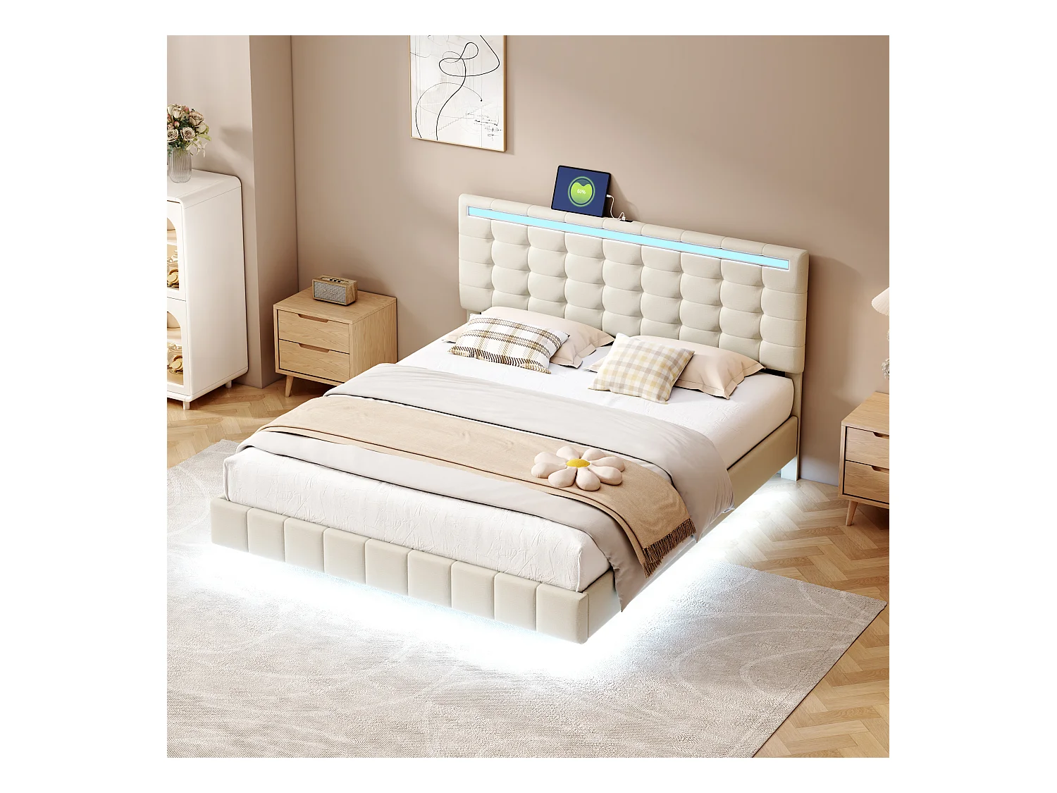 Lit adulte 160x200 cm - Lit double avec éclairage LED et recharge USB - lin beige
