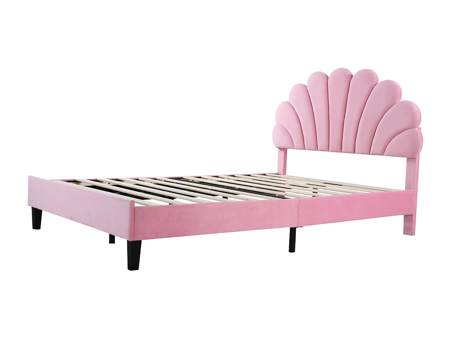 Volwassen bed 140x200 cm - Tweepersoonsbed met bloemvormig hoofdeinde en lattenbodem - roze fluweel