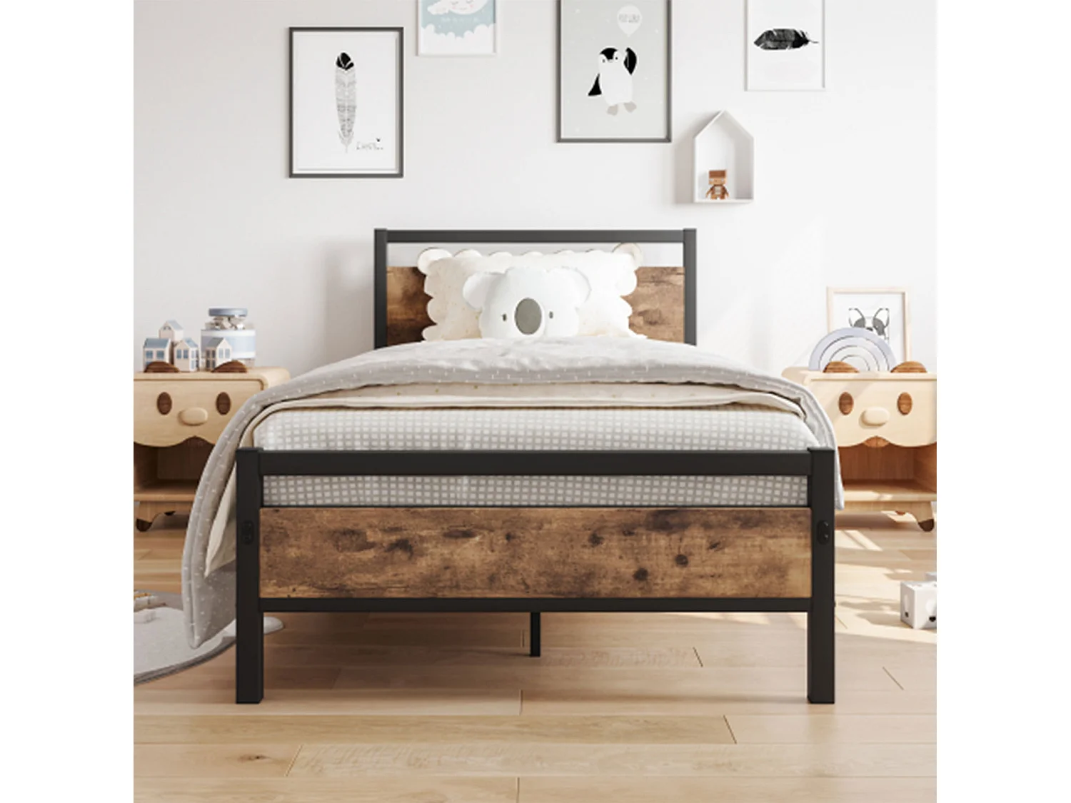 Lit enfant 90x200cm noir, lit à structure en fer, sans matelas