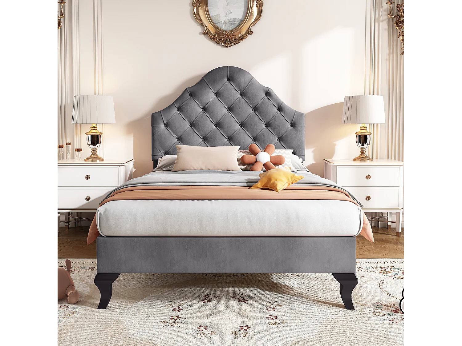 Lit ado 90x200 cm - Lit simple avec tête de lit réglable - Sommier à lattes bois - velours gris