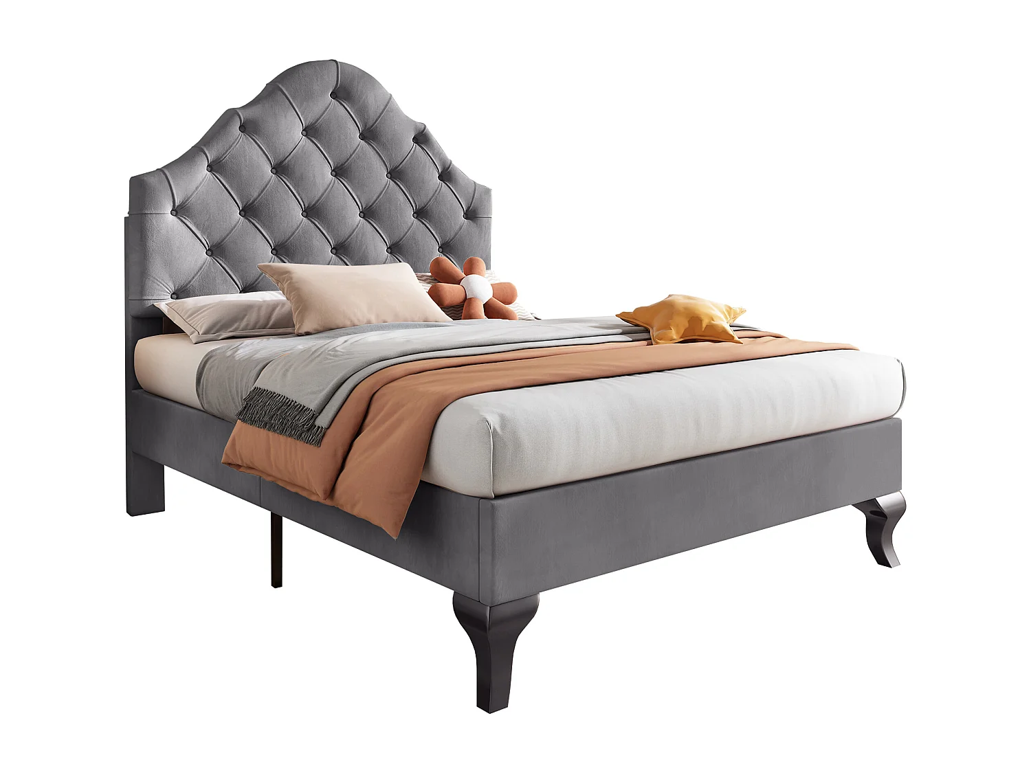 Lit ado 90x200 cm - Lit simple avec tête de lit réglable - Sommier à lattes bois - velours gris