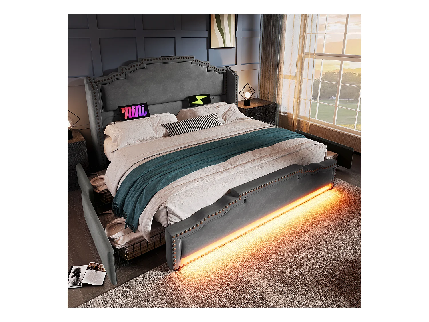 Lit double 140x200 cm - Lit adulte avec éclairage LED et recharge USB - 4 tiroirs - velours gris