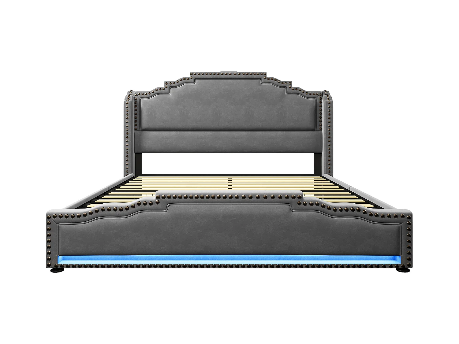 Lit double 140x200 cm - Lit adulte avec éclairage LED et recharge USB - 4 tiroirs - velours gris