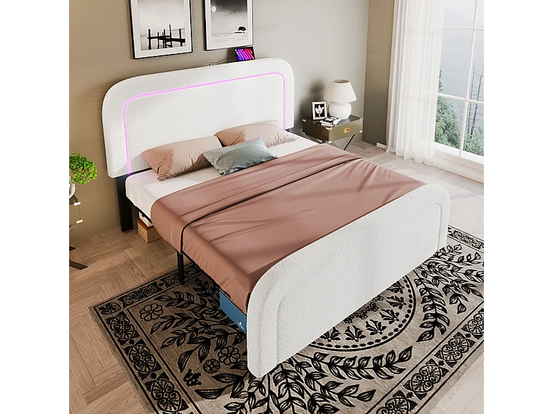Tweepersoonsbed 140x200 cm - Volwassen bed met LED en USB-oplader - verstelbaar hoofdeinde - witte Sherpa-stof