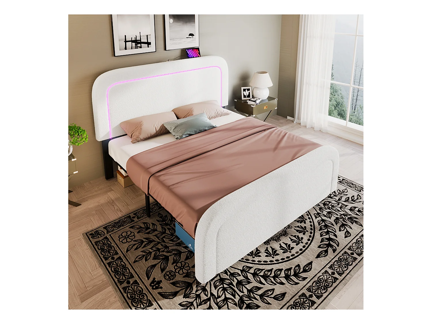 Tweepersoonsbed 140x200 cm - Volwassen bed met LED en USB-oplader - verstelbaar hoofdeinde - witte Sherpa-stof