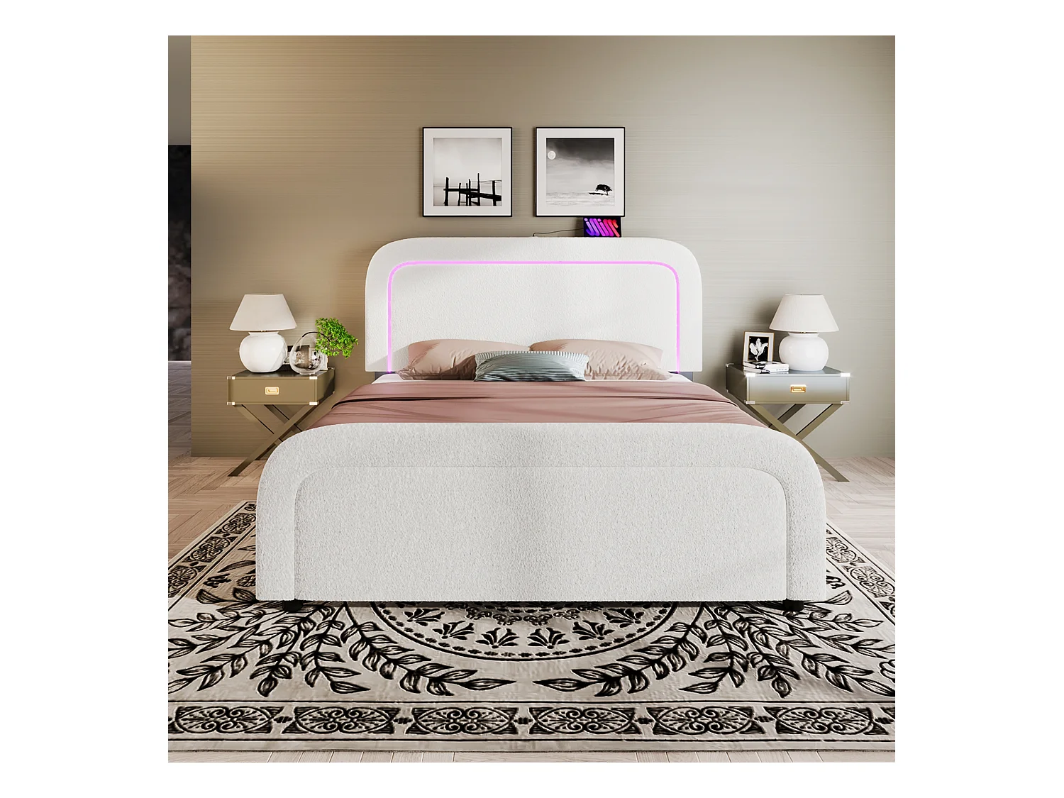Lit double 140x200 cm - Lit adulte avec LED et recharge USB - tête de lit réglable - tissu Sherpa blanc