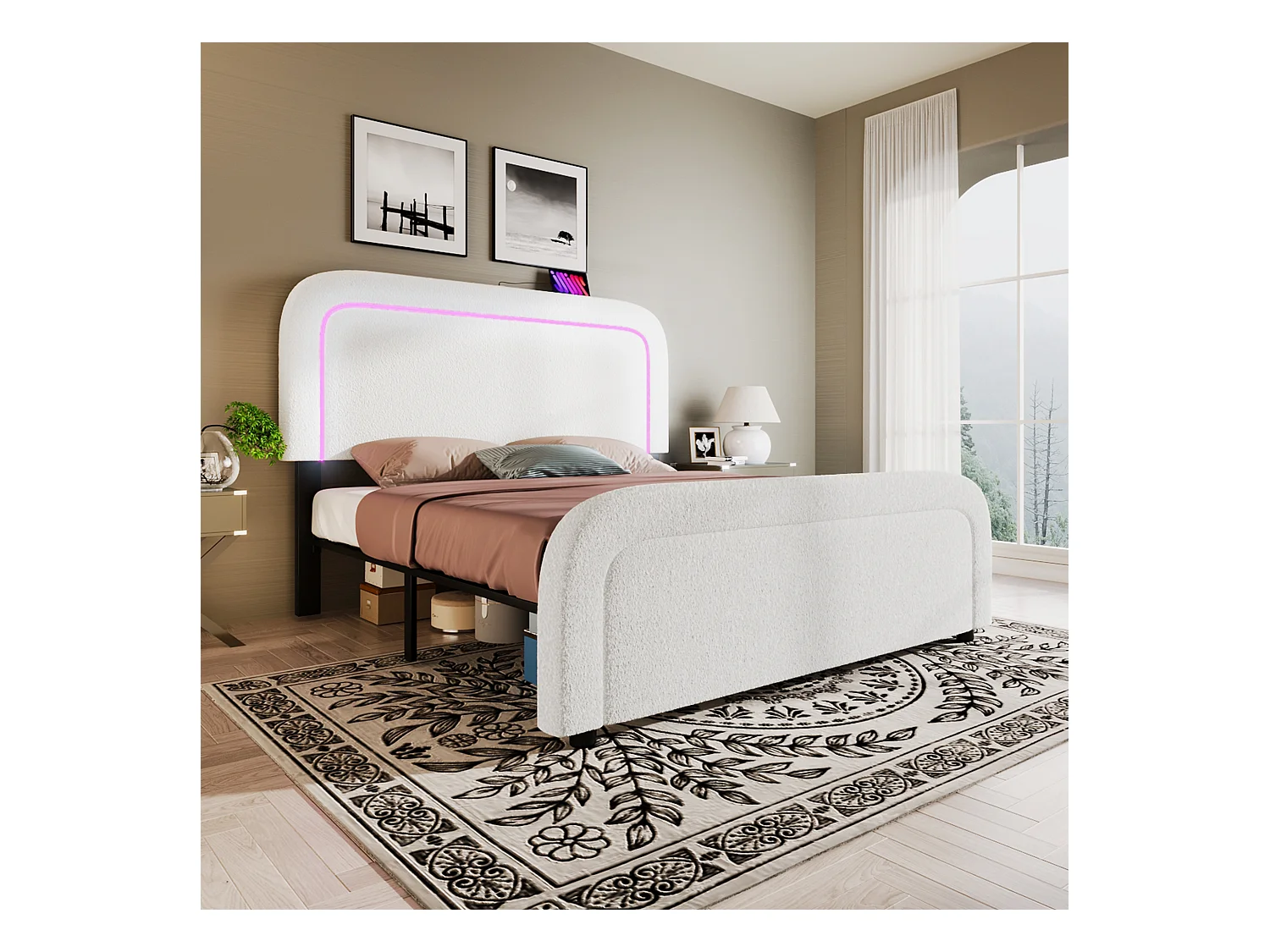 Lit double 140x200 cm - Lit adulte avec LED et recharge USB - tête de lit réglable - tissu Sherpa blanc