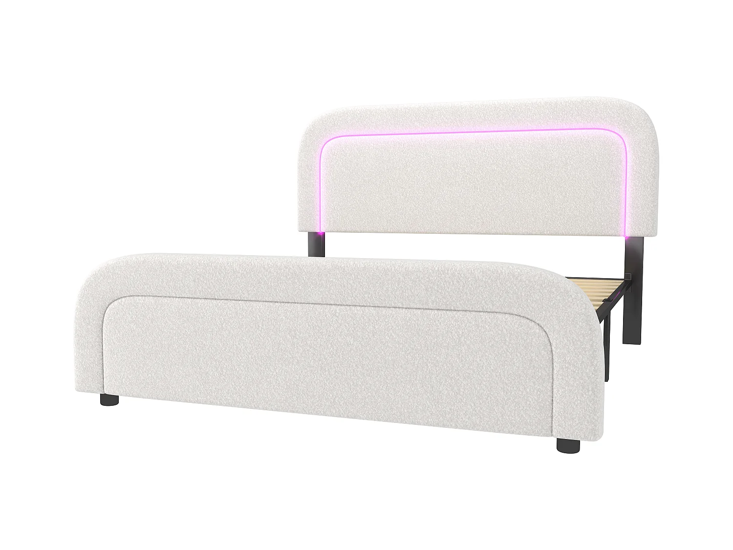 Lit double 140x200 cm - Lit adulte avec LED et recharge USB - tête de lit réglable - tissu Sherpa blanc