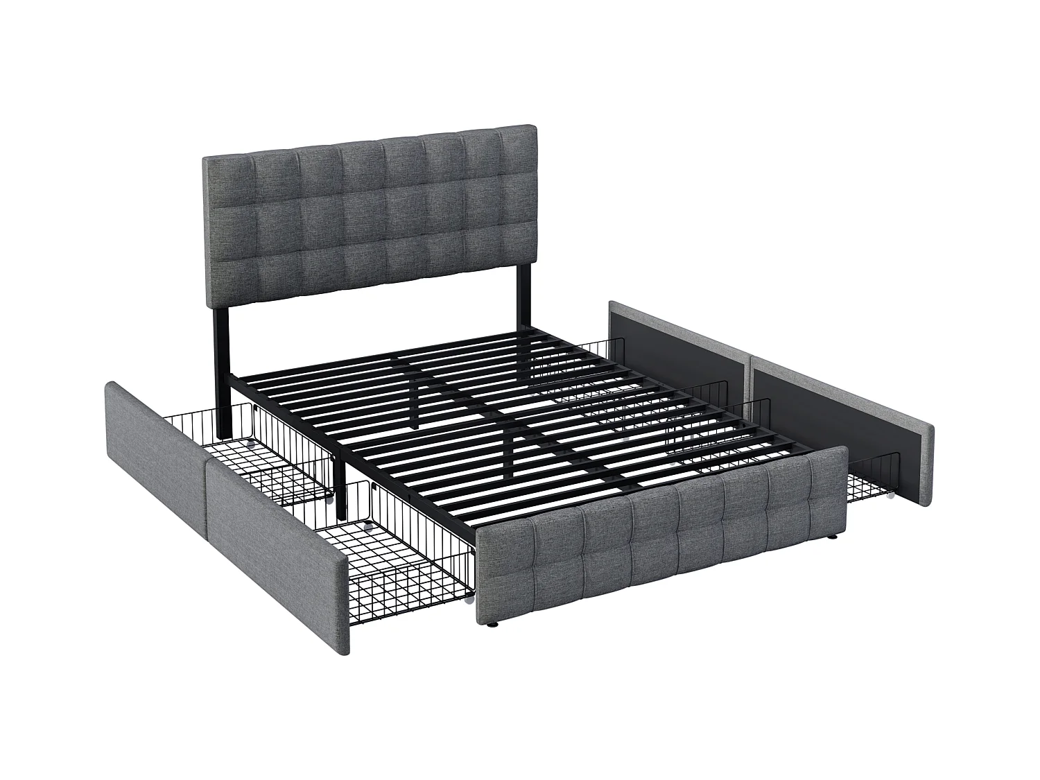 Lit adulte 140x200 cm - Lit double avec 4 tiroirs de rangement - Tête de lit réglable - Lin gris