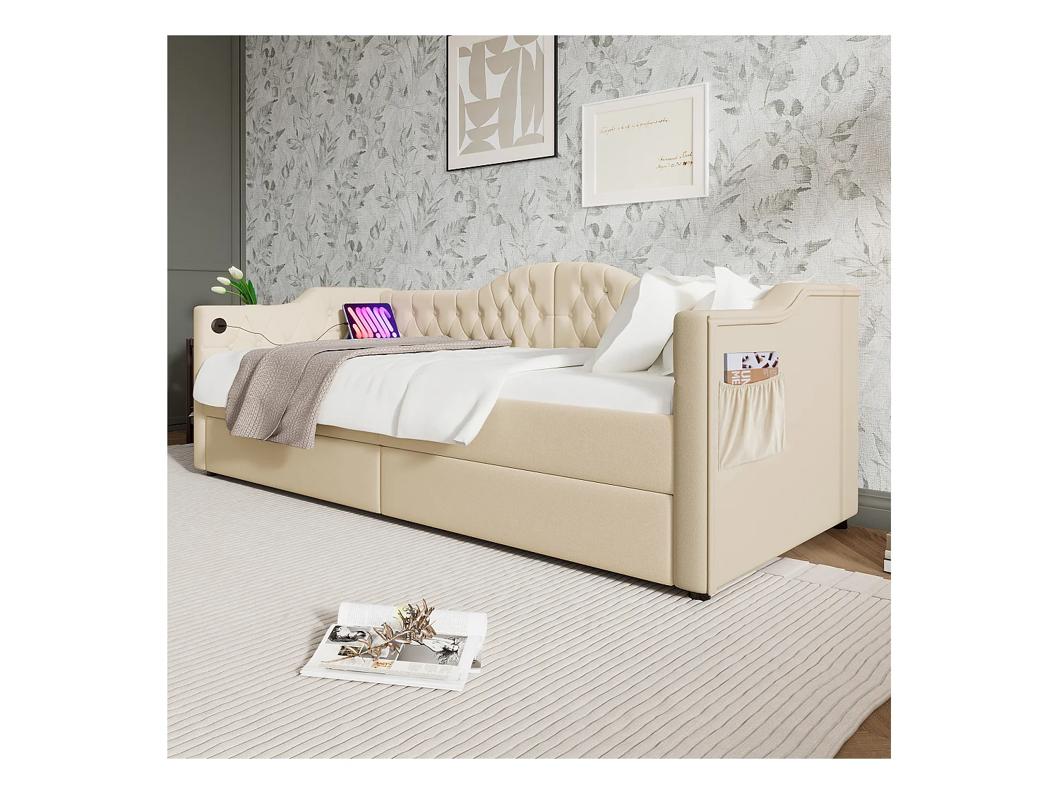 Letto imbottito 90x200 cm - Divano letto con 2 cassetti e ricarica USB - velluto beige - senza materasso