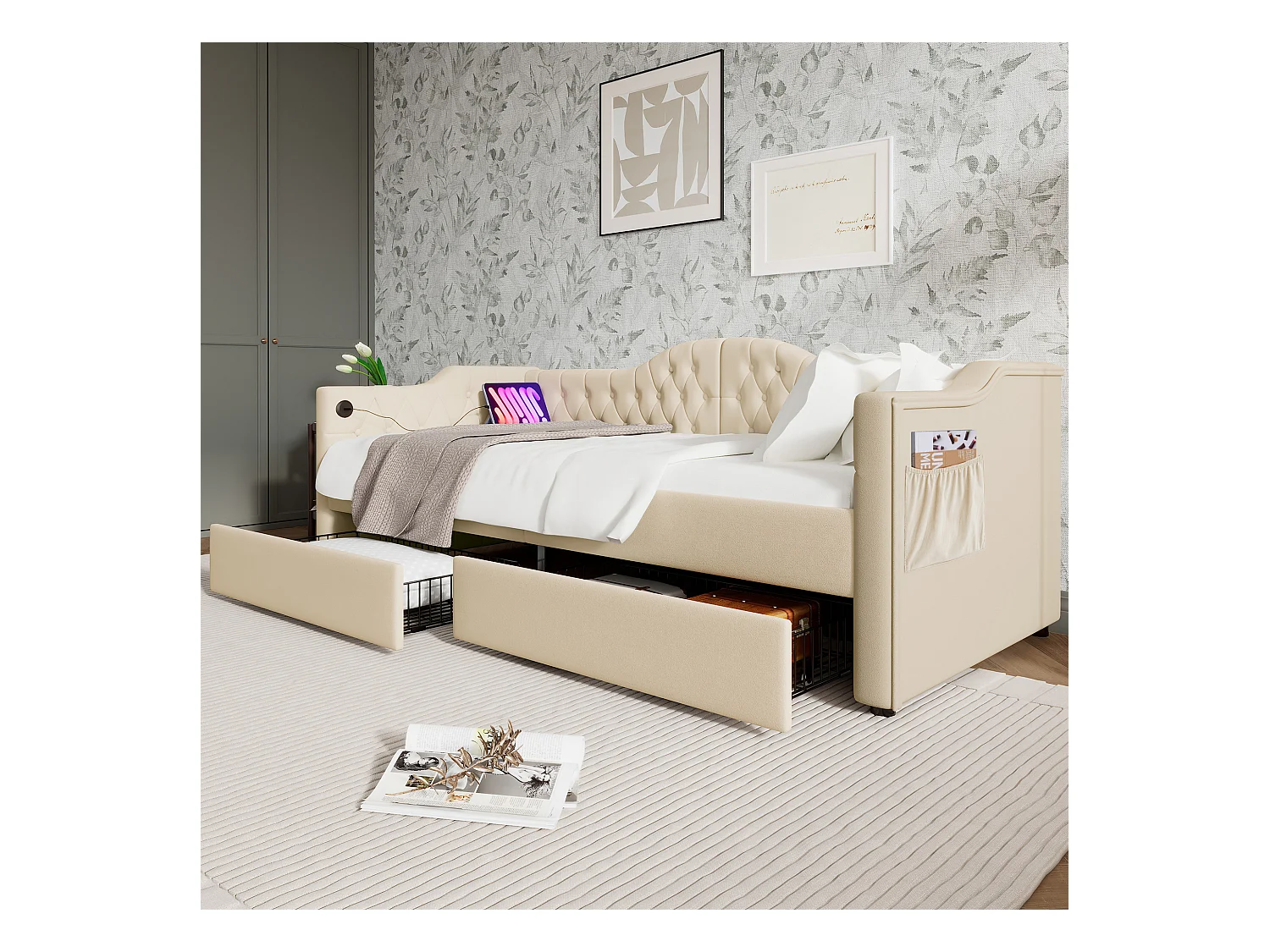 Letto imbottito 90x200 cm - Divano letto con 2 cassetti e ricarica USB - velluto beige - senza materasso