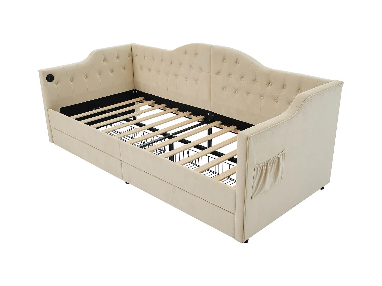 Letto imbottito 90x200 cm - Divano letto con 2 cassetti e ricarica USB - velluto beige - senza materasso