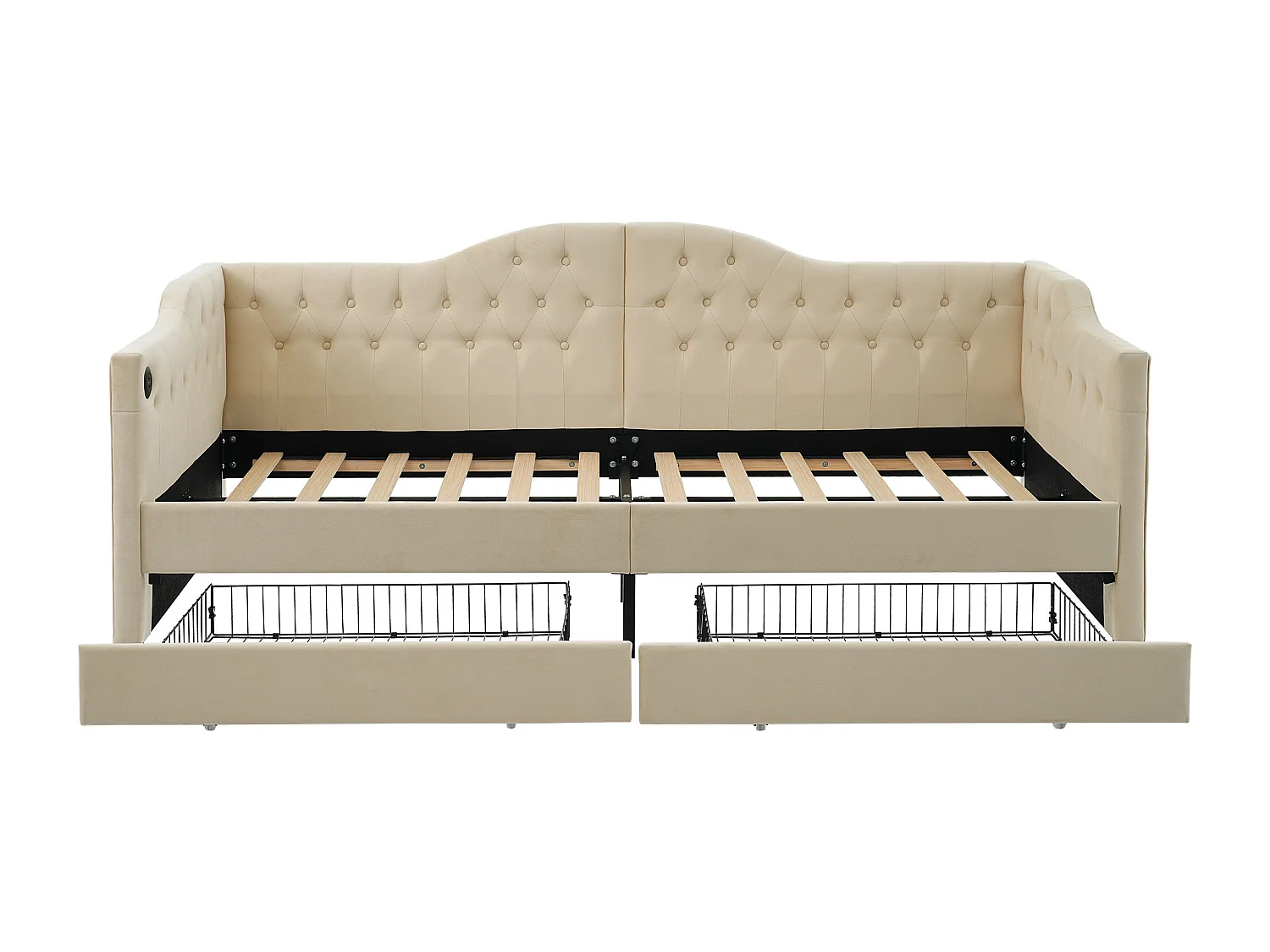 Letto imbottito 90x200 cm - Divano letto con 2 cassetti e ricarica USB - velluto beige - senza materasso