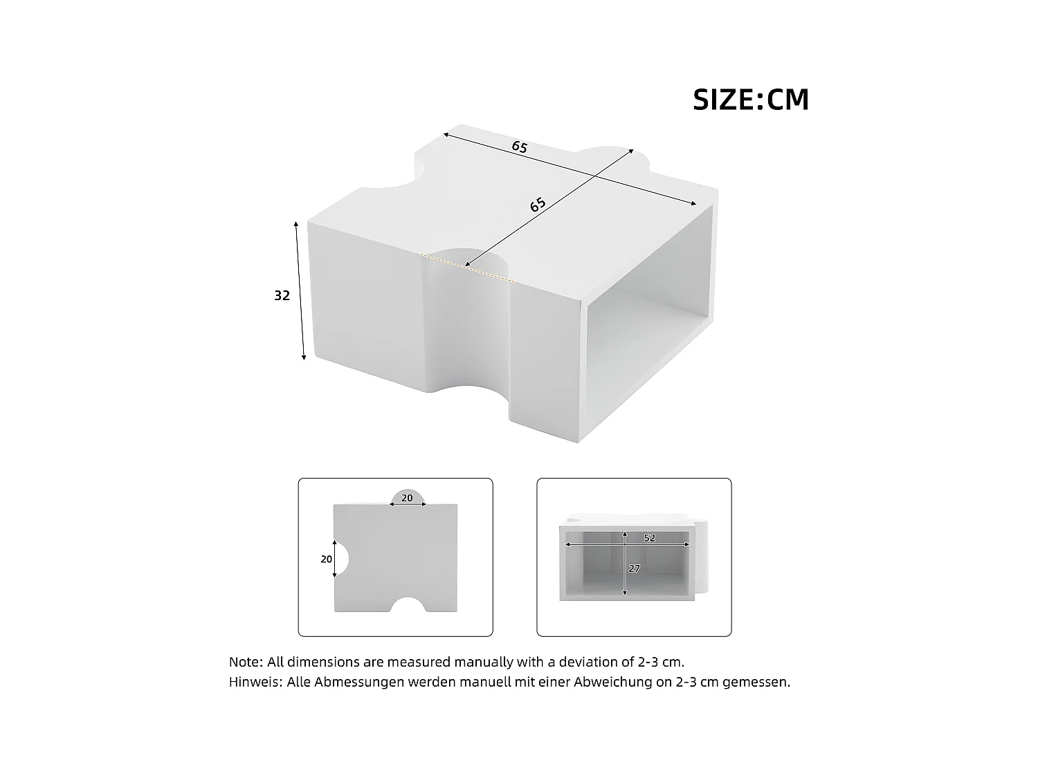 Table basse modulable en forme de Puzzle blanc, MDF, grand rangement intégré