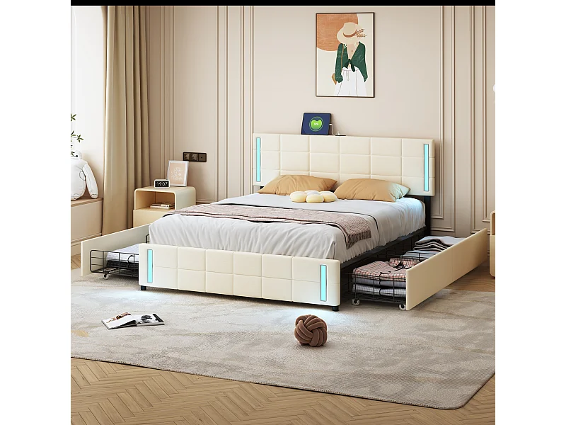 Lit adulte 140x200 cm - Lit double avec éclairage LED et prise de charge - 4 tiroirs - Lin beige