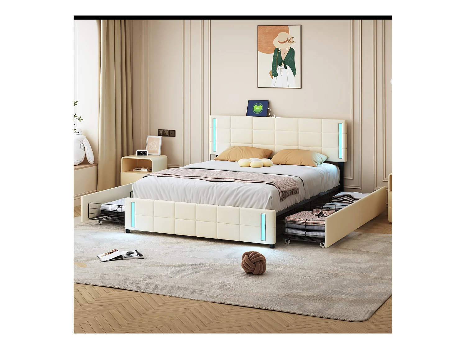 Lit adulte 140x200 cm - Lit double avec éclairage LED et prise de charge - 4 tiroirs - Lin beige