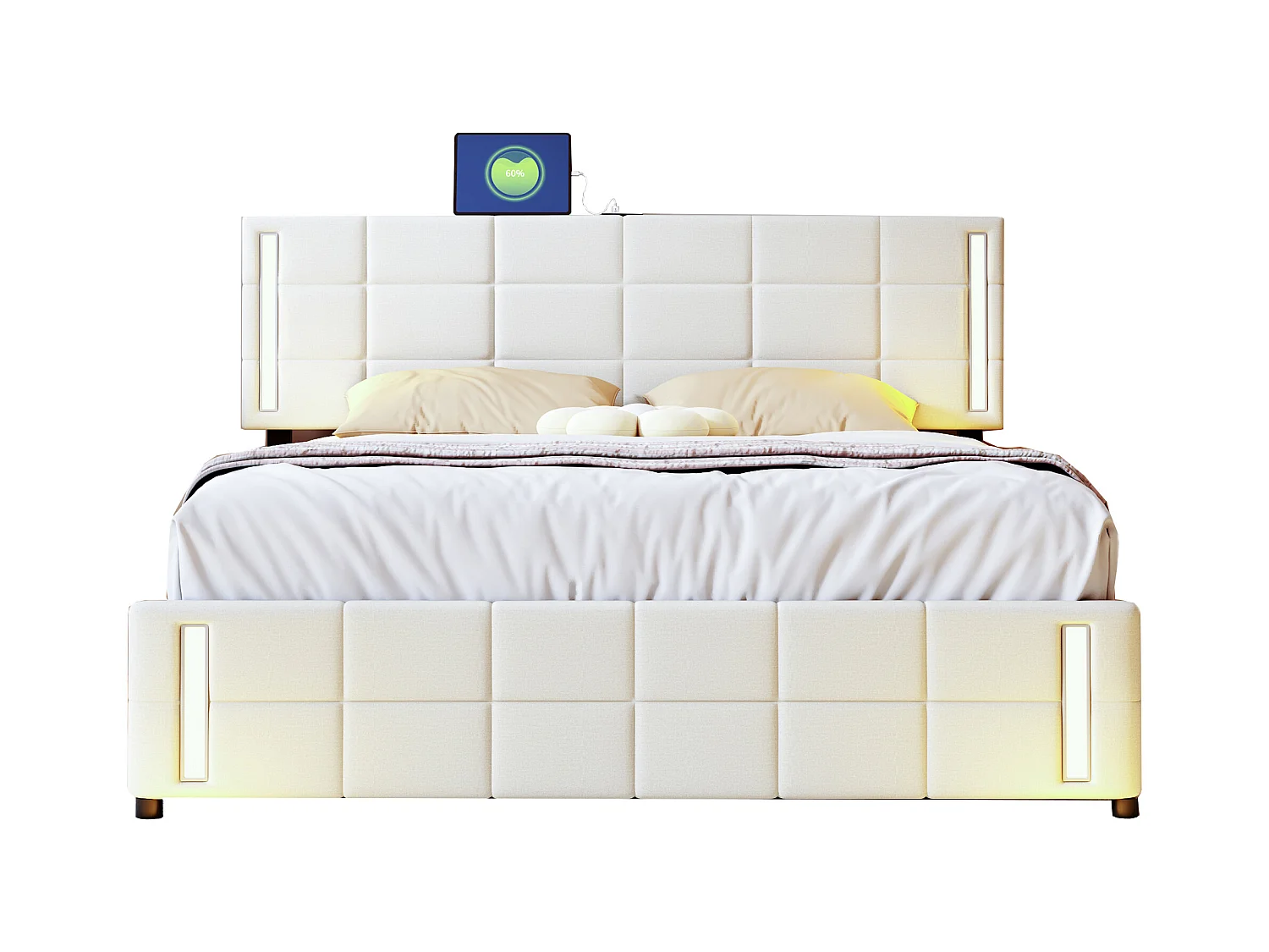 Lit adulte 140x200 cm - Lit double avec éclairage LED et prise de charge - 4 tiroirs - Lin beige