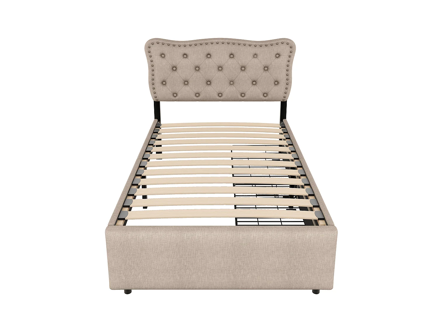 lit simple adulte 90x200cm, en lin beige foncé, avec 2tiroirs, tête de lit Capitonné, sans matelas
