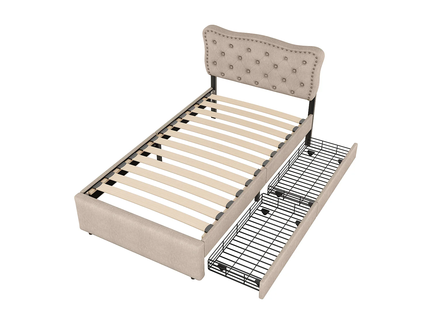 lit simple adulte 90x200cm, en lin beige foncé, avec 2tiroirs, tête de lit Capitonné, sans matelas