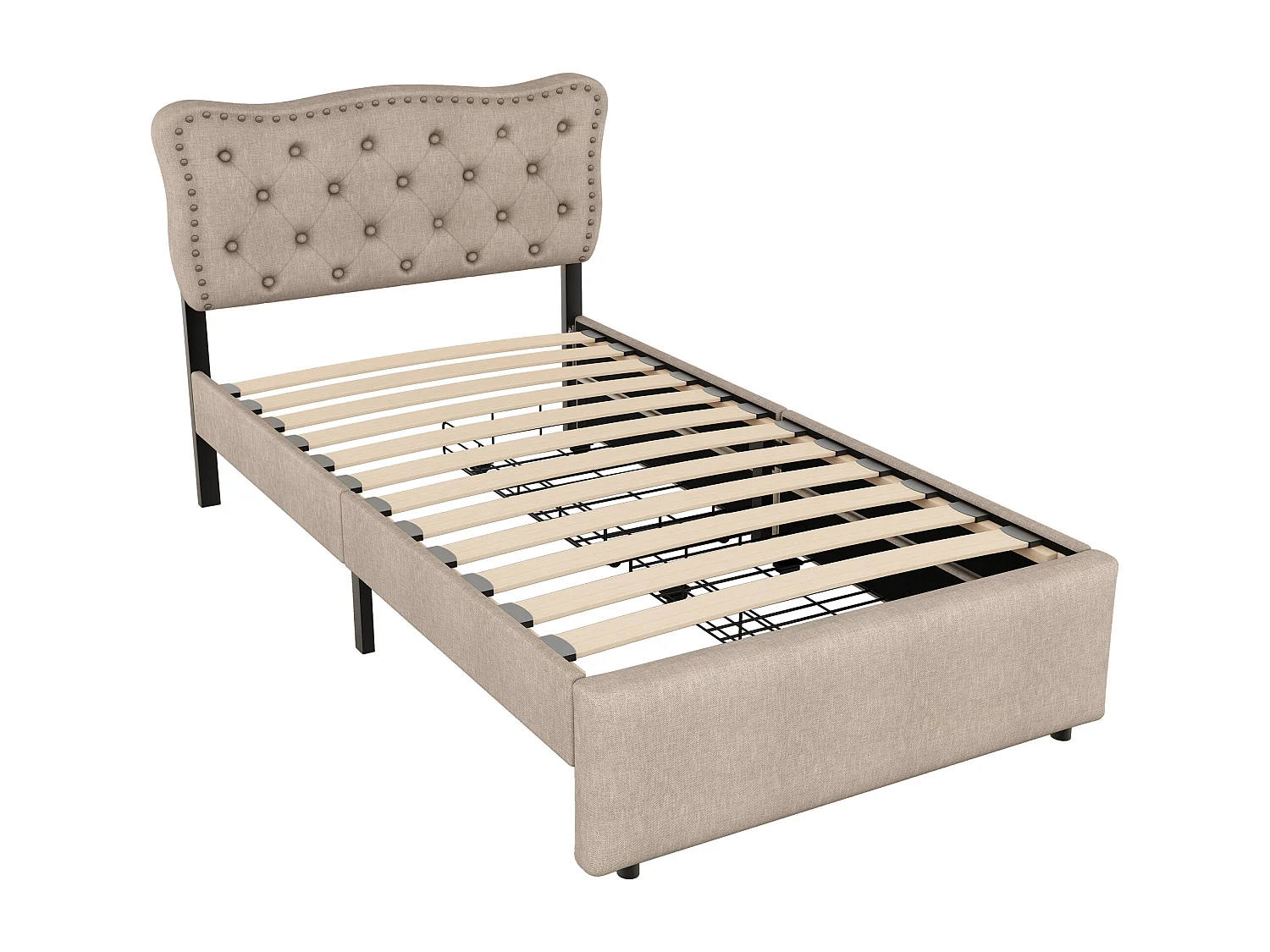 lit simple adulte 90x200cm, en lin beige foncé, avec 2tiroirs, tête de lit Capitonné, sans matelas