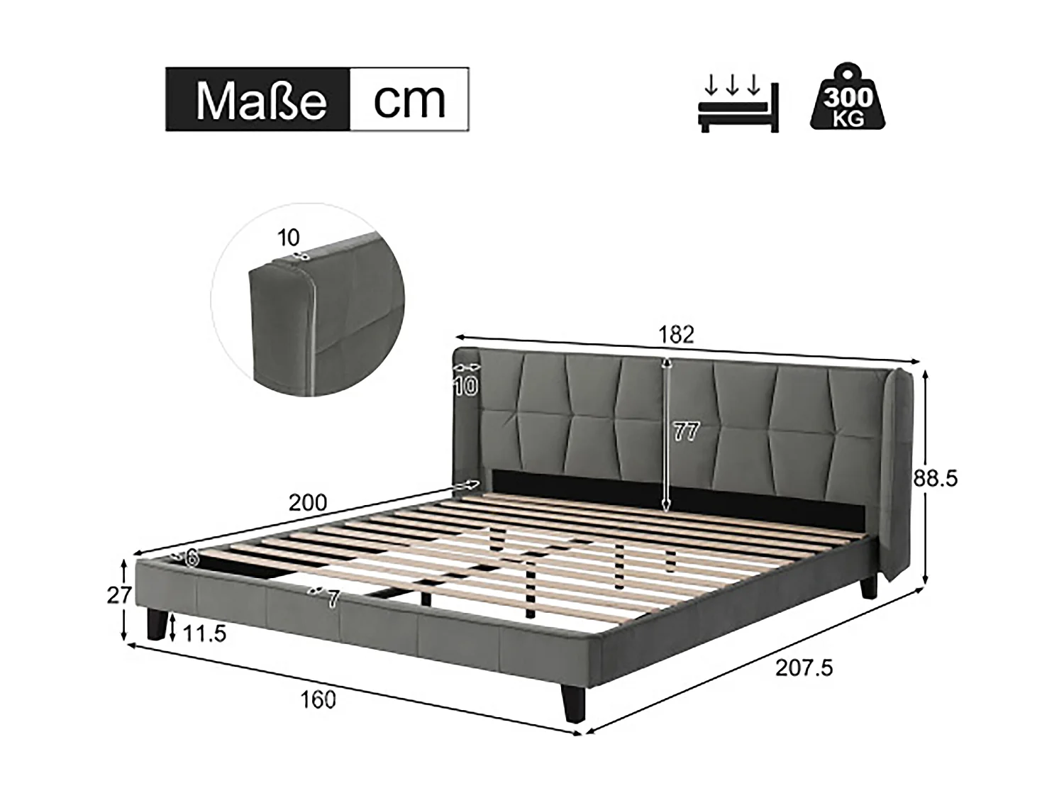 Lit adulte 160x200 cm - Lit double avec sommier à lattes en bois et tête de lit tapissée - velours gris
