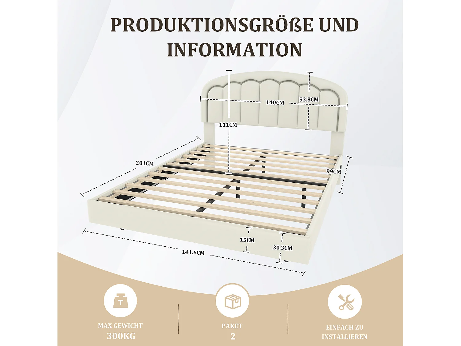 Tweepersoonsbed 140x200 cm - Kinderbed met LED-verlichting en bloemblaadjesvormig hoofdeinde - Wit PU