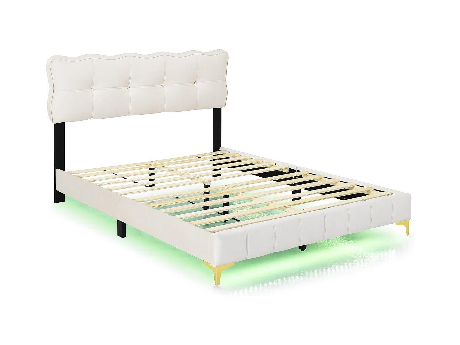 Lit adulte 140x200 cm, lit adulte, éclairage LED, velours, sans matelas - beige