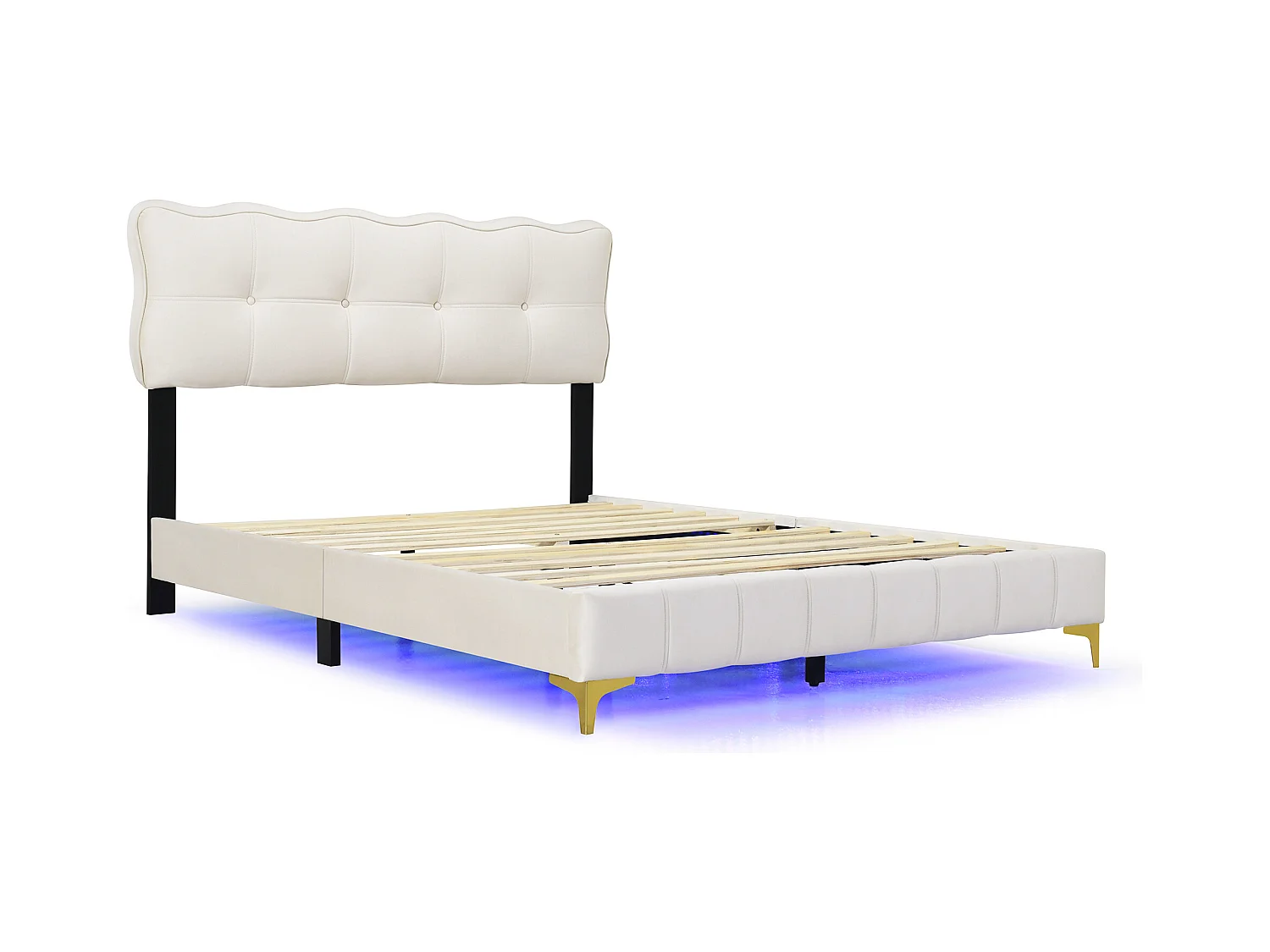Lit adulte 140x200 cm, lit adulte, éclairage LED, velours, sans matelas - beige
