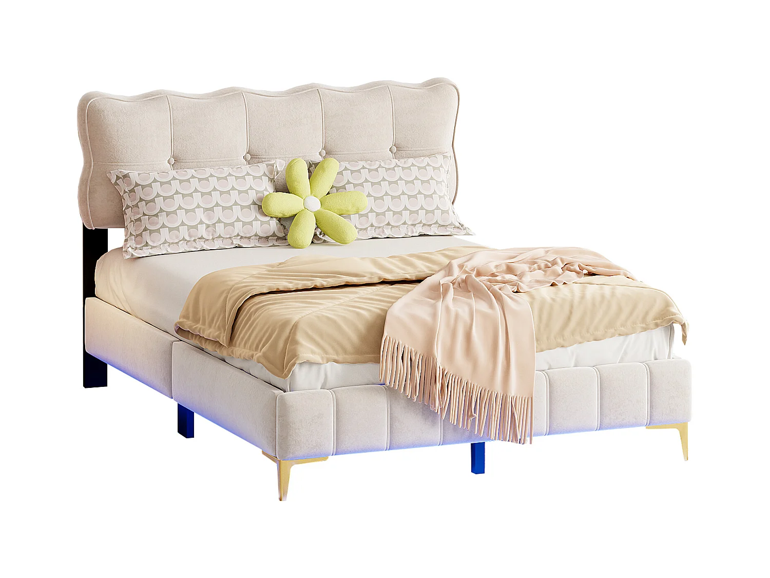 Lit adulte 140x200 cm, lit adulte, éclairage LED, velours, sans matelas - beige