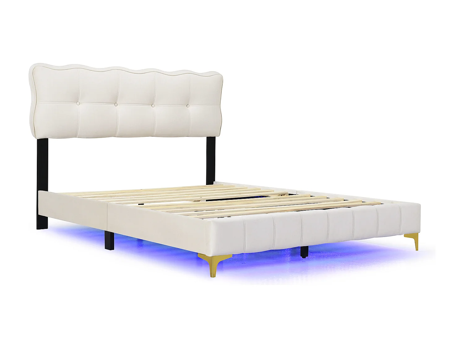Lit adulte 140x200 cm, lit adulte, éclairage LED, velours, sans matelas - beige