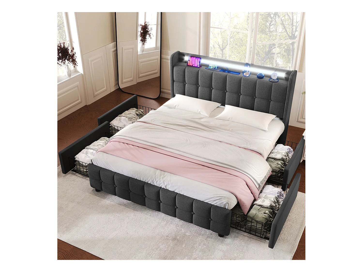 Lit adulte 160x200cm - Lit double avec LED et recharge USB - 4 tiroirs de rangement - lin gris