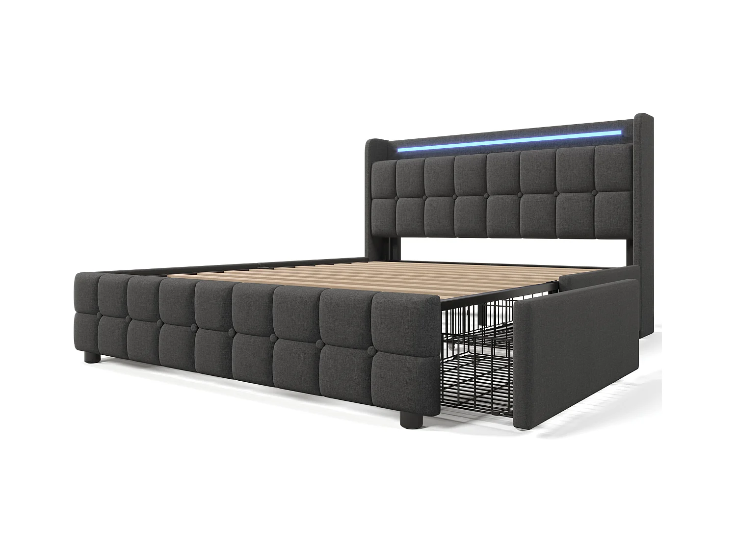 Lit adulte 160x200cm - Lit double avec LED et recharge USB - 4 tiroirs de rangement - lin gris