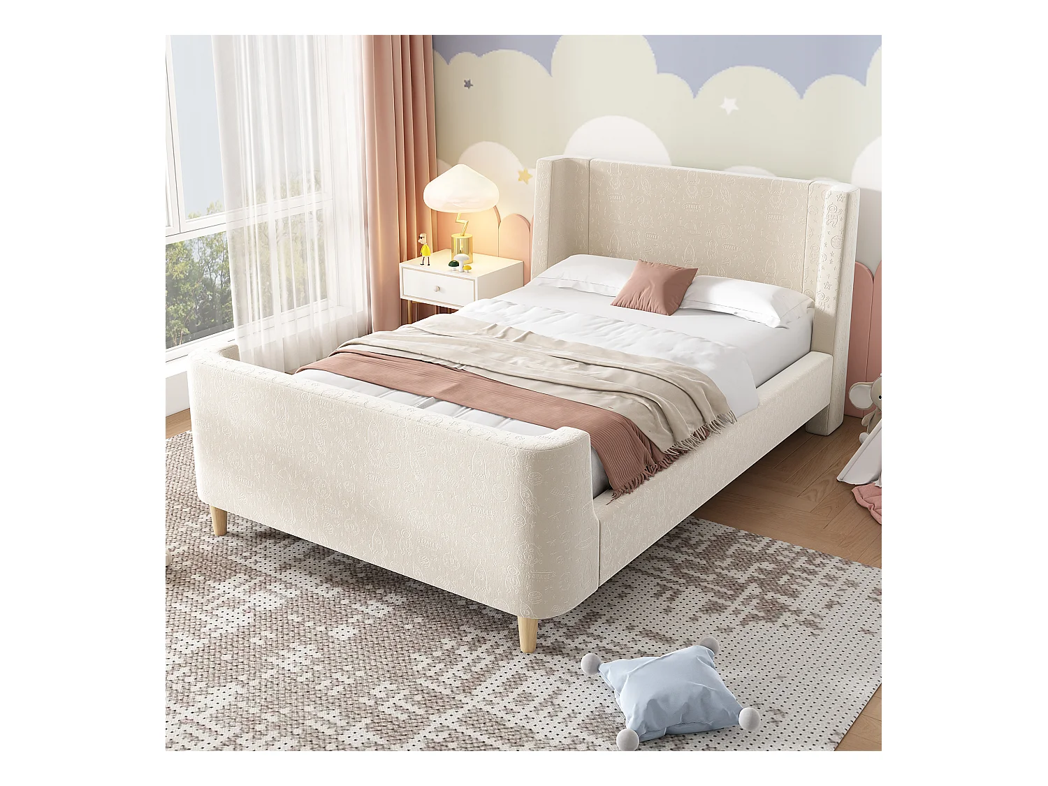 Lit enfant 90x200 cm - Lit ado avec sommier à lattes en bois - Imprimé dessin animé - velours beige